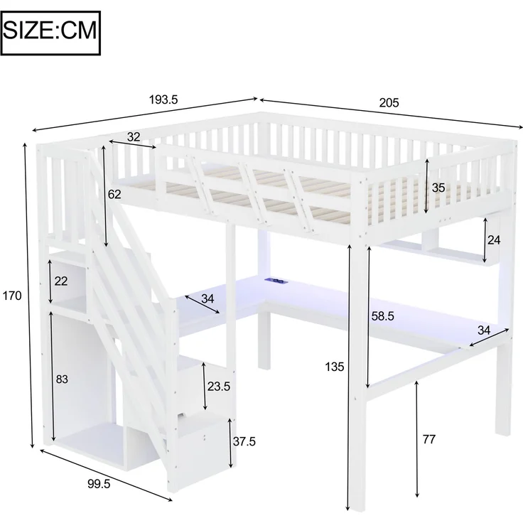 Rayofly-Massivholz Kinder Hochbett 140x200 cm, Stauraumtreppe, Schreibtisch, USB-Steckdose, LED-Licht, Jugend- und Einzelbett, H 140cm x T 200cm x B 140cm, Weiß – Bild 7
