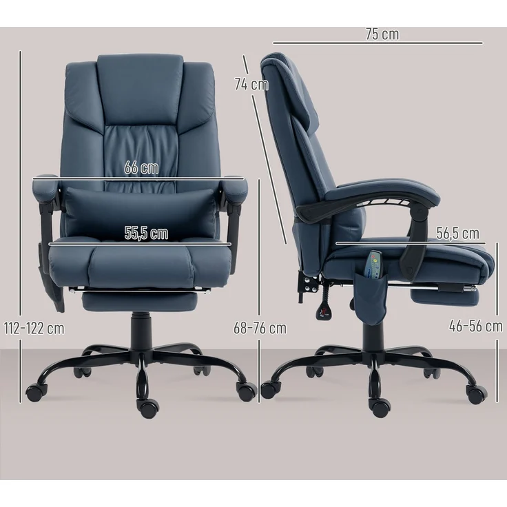 Massage-Bürostuhl, Fußstütze, höhenverstellbar, neigbare Rückenlehne, kabelgebundene Fernbedienung, 66 x 75 x 122 cm, blau – Bild 5