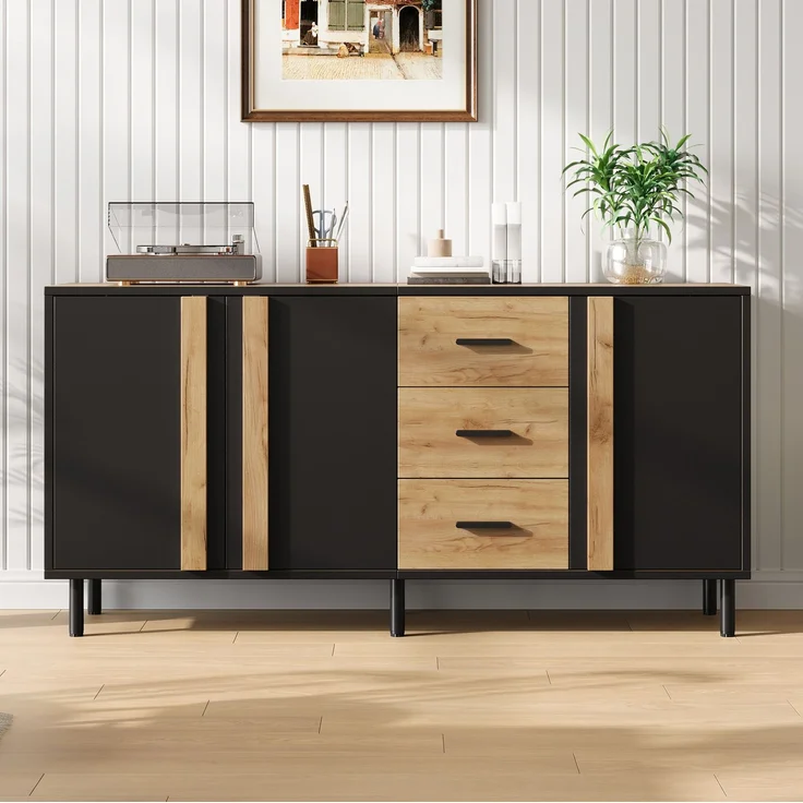 DESVIAE Sideboard Schwarz/Holzoptik aus MDF – 140x70x35 cm – 3 Türen, 3 Schubladen – Bild 3
