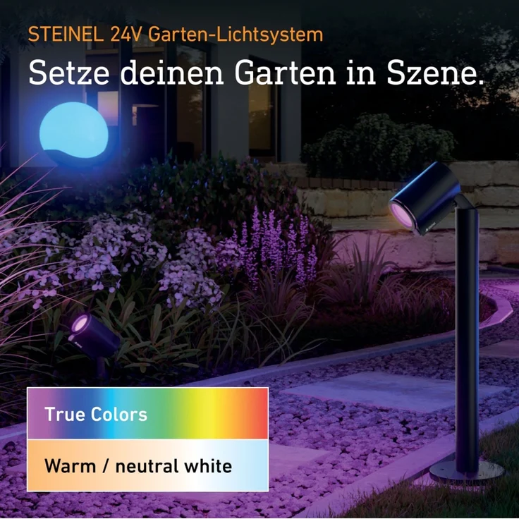 Steinel Gartenstrahler Spot Garden SC 24V, inkl. Erdspieß, RGBWW, 16 Mio. Farben, Bewegungsmelder, dimmbarer, App-Steuerung, Plug & Play, IP65, Anthrazit – Bild 3