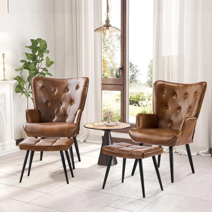 Sessel Ohrensessel Hocker PU Kunstleder Fußstütze mit Hocker Braun – Bild 7