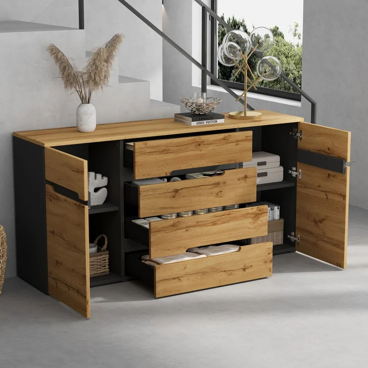 DESVIAE Sideboard mit 2 Türen und 4 Schubladen 160x80x40 cm Spanplatte Holzoptik Schwarz – Bild 3