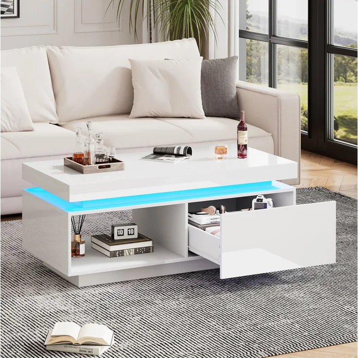 Couchtisch mit LED-Beleuchtung und Schublade, moderner Wohnzimmertisch, Stauraum