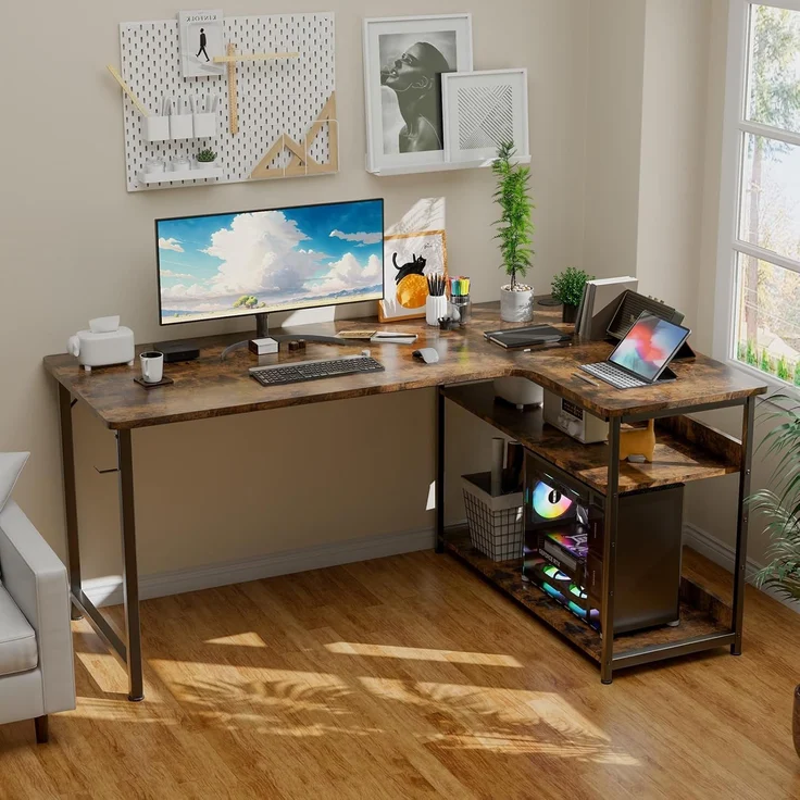 COMHOMA Schreibtisch Gaming Tisch mit Regal, Eckschreibtisch mit USB-Ladeanschluss und Steckdose, 140cm Computertisch L Form, PC Tisch für Büro, Heimbüro (braun-120CM) – Bild 5