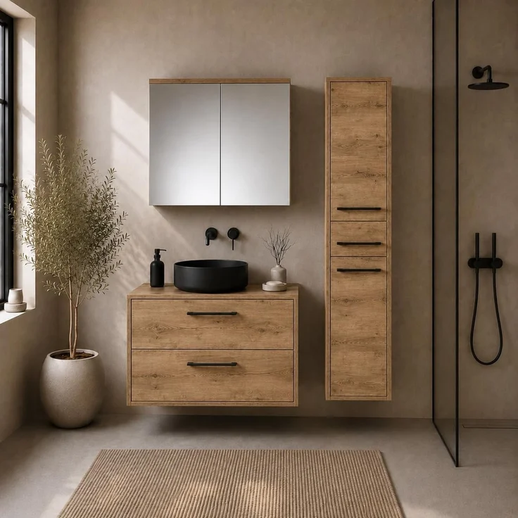 Badplaats Waschtischunterschrank-Set Florence 80 x 46 cm - Kastanieneiche - mit Spiegelschrank und Hochschrank – Bild 4