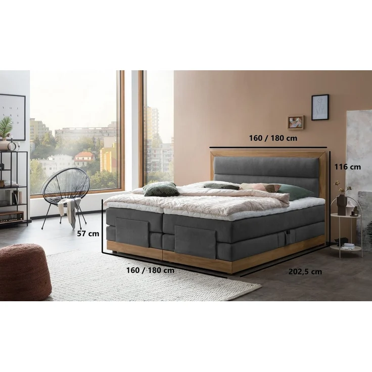 Belanoti Boxspringbett MODELA (Boxspringbett 160x200 elektrisch verstellbar Bett 160x200 mit Motor, 7-Zonen Taschenfederkern Matratze inklusive Visco Topper), in der Farbe Anthrazit H2/H3 Polsterbett Motorbett mit Eiche – Bild 4