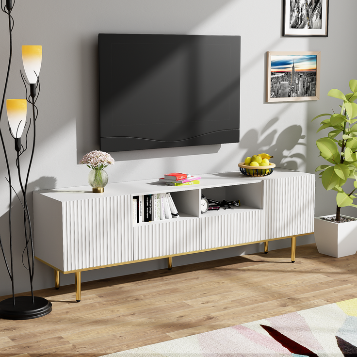 TV-Schrank 165 cm Weiß mit Gold, Lowboard Sideboard Wohnzimmerschrank, 2 Schubladen, 2 offene Fächer – Bild 7