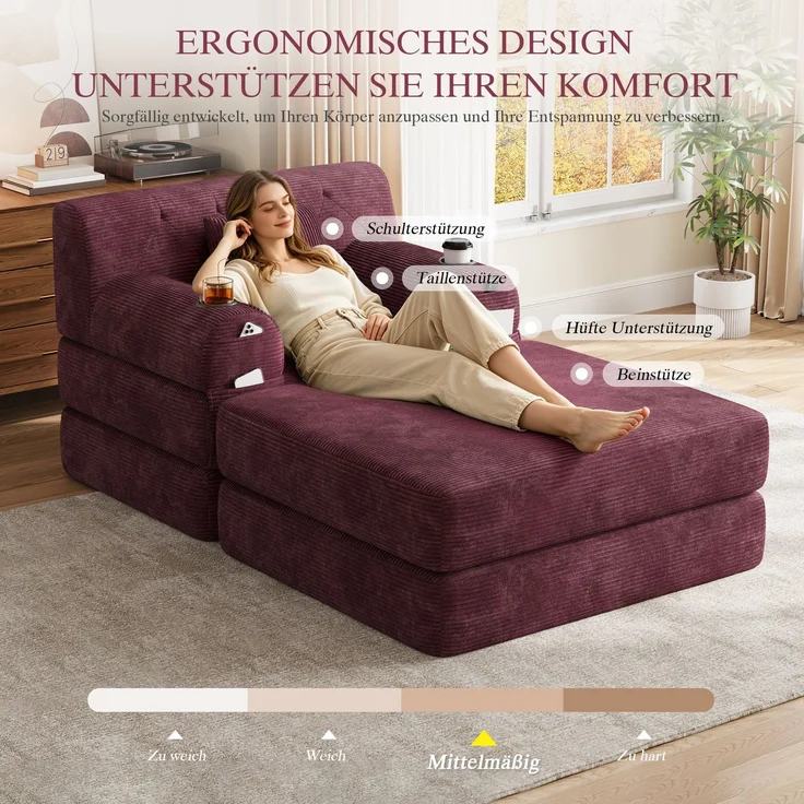 ZUBALIYA Schlafsofa 162x81 cm, mit Stauraum, mit Samtbezug, mit Cordbezug, mit Knopfheftung, mit breiten Armlehnen, Rot – Bild 7
