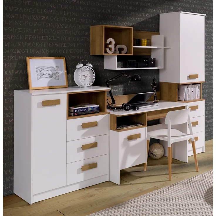Marmex Möbel Grant 06 Standregal mit Türen geschlossen und Schubladen, laminierte Spanplatte, weiß+riviera Eiche, 52x195x40 cm – Bild 3