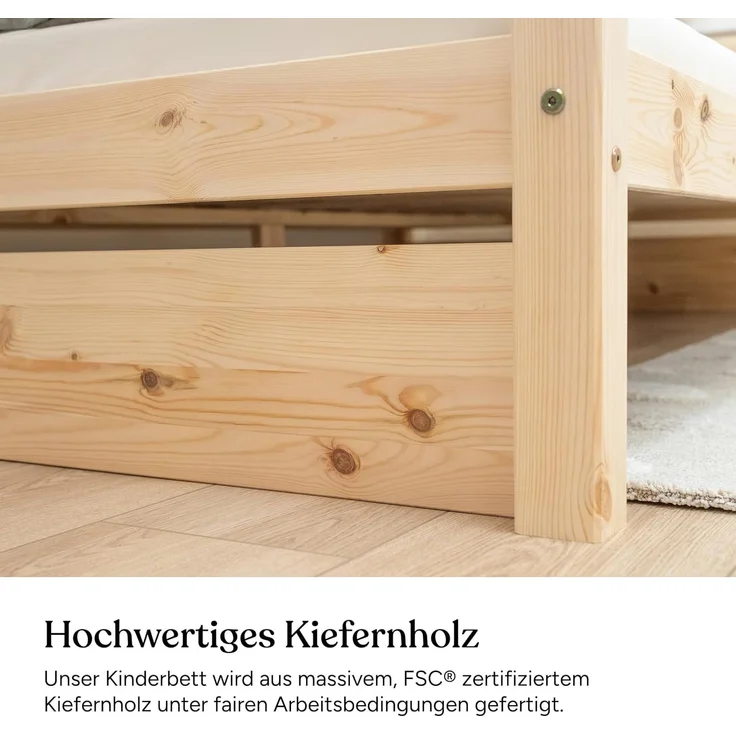 Ehrenkind Kinderbett aus massivem Kiefernholz mit Rausfallschutz in Natur und Weiß (Jugendbett in weiß, Kinder Bett), Kinderbett 120x200 cm – Bild 6