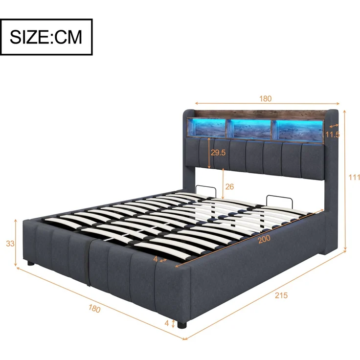 Polsterbett 180*200cm mit LED-Beleuchtung und USB-Steckdose, Kopfteil mit Einlegeböden und Stauraum, Mit Hydraulik für die Lagerung, Erwachsenenbett Doppelt, Leinenstoff Grau – Bild 8