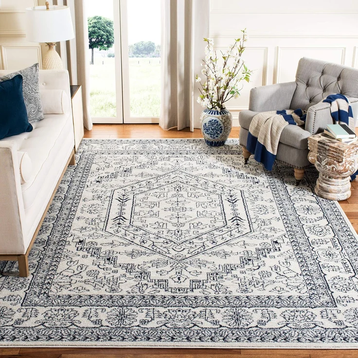 SAFAVIEH Traditionell Teppich für Wohnzimmer, Esszimmer, Schlafzimmer - Adirondack Collection, Kurzer Flor, Elfenbein und Marineblau, 91 X 152 cm