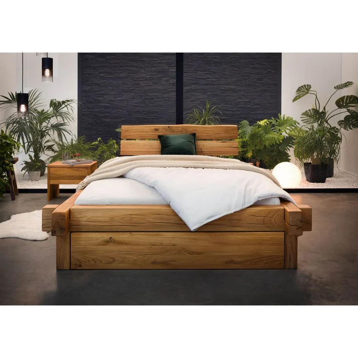 Balkenbett mit Bettkasten Wildeiche 160x200x85 natur geölt JANGALI #619 – Bild 3