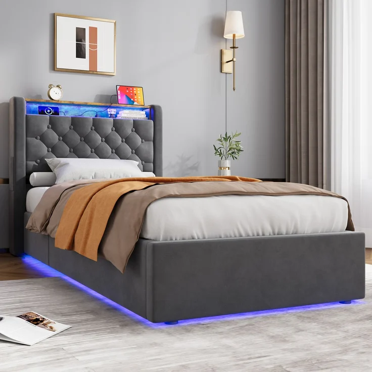 MODFU Polsterbett mit Bettkasten, Holland-Velours, LED, USB/Type-C und Ablage im Kopfteil, 90x200 cm – Bild 3