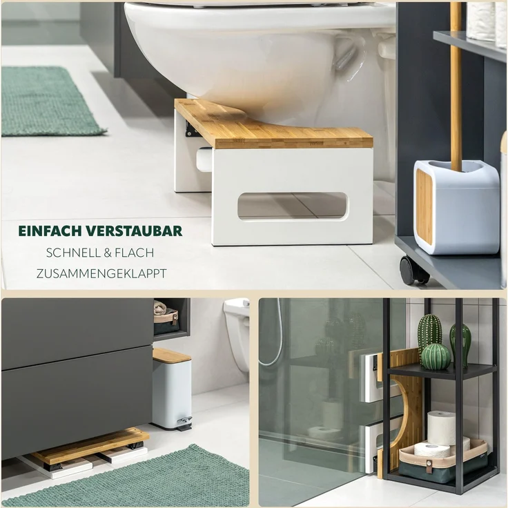 eluno Toilettenhocker, Fußbank aus Bambus, platzsparend zusammenklappbar, weiß – Bild 5