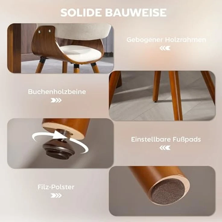 HOMCOM Esszimmerstuhl gepolsterter Küchenstuhl mit geschwungener Rückenlehne (Beinen aus Buchenholz, 1 St), für Esszimmer, Wohnzimmer, Beige – Bild 5