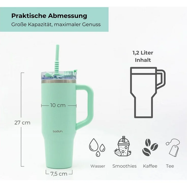 bodum Thermobecher mit Strohhalm Heiß & Kalt Isolierbecher to Go 1200ml mint – Bild 2