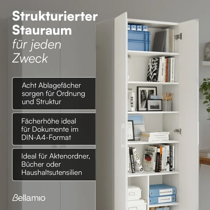 Bellamio 'Apol' Mehrzweckschrank, weiß, 176x33x60 cm, Aktenschrank mit 8 Ablagefächern – Bild 3