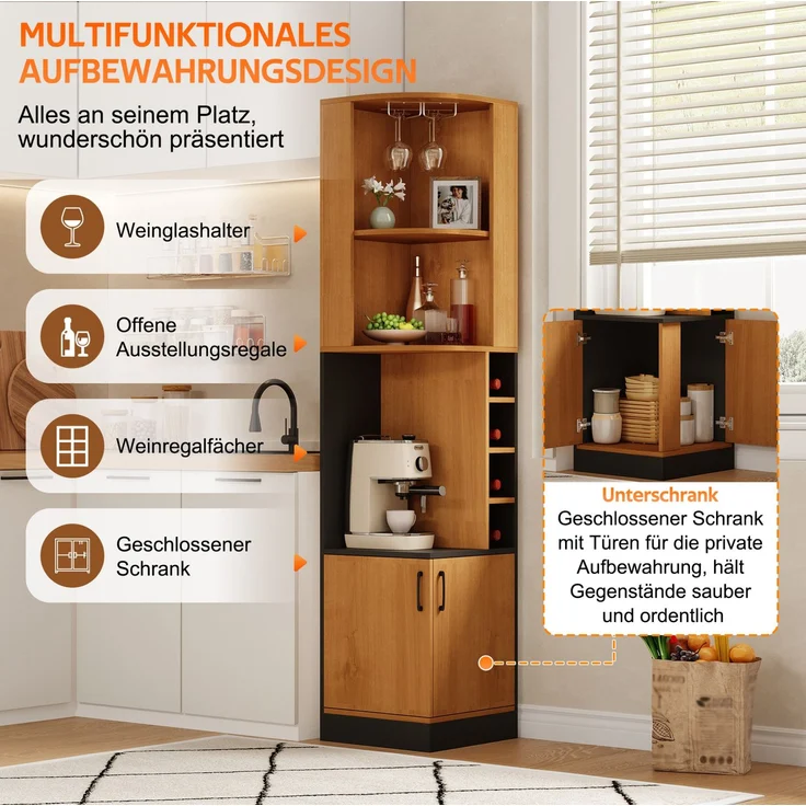 Eckschrank 40x40x182 cm in Natur mit Weinglasregal und viel Stauraum – Bild 9
