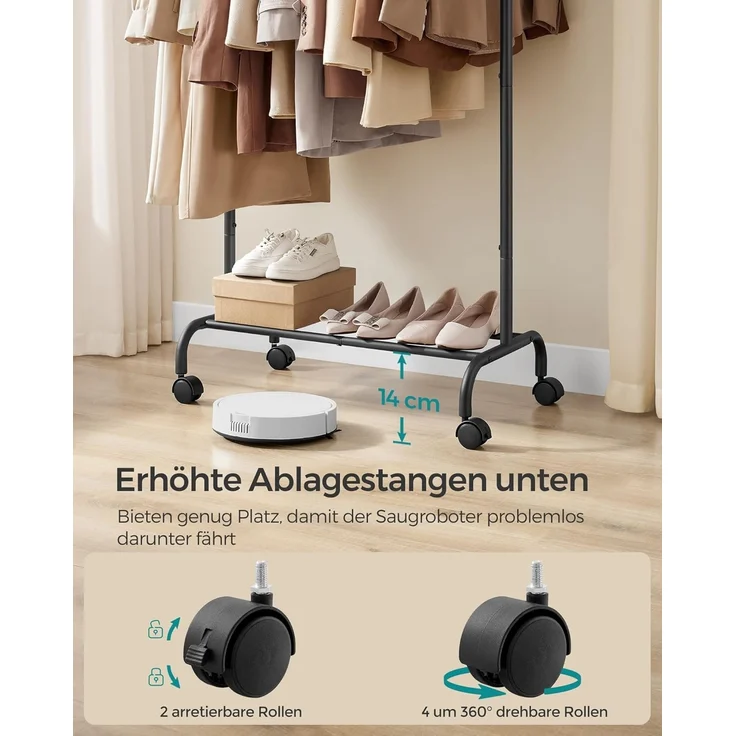 SONGMICS Kleiderständer auf Rollen, ausziehbare Kleiderstange, Garderobenständer aus Stahlrohren, erhöhte Ablagestange, 40 x (83-120) x 156 cm, tintenschwarz HSR134B01 – Bild 5
