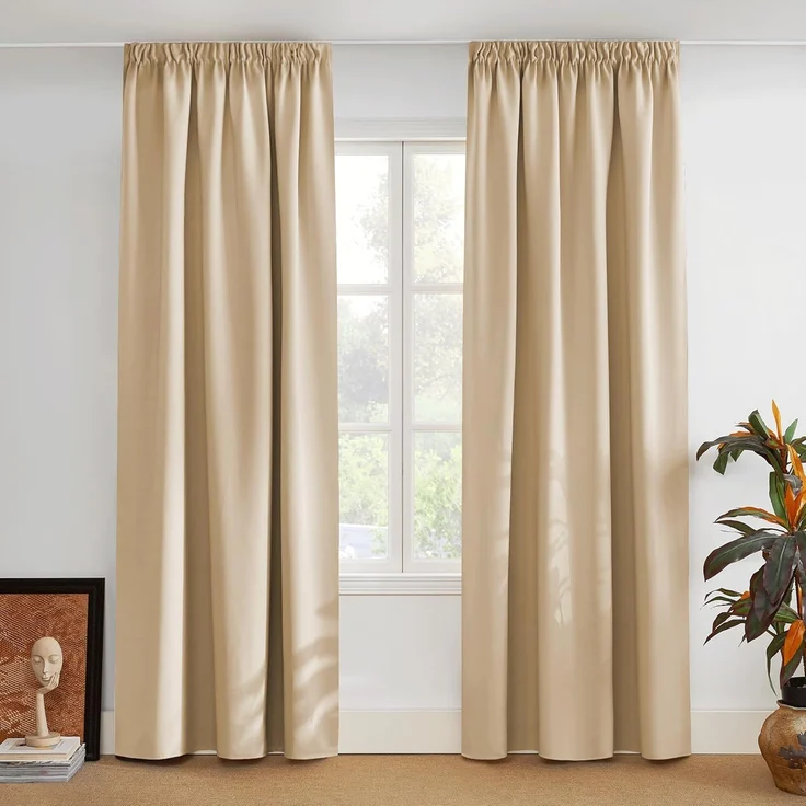 PONY DANCE Blickdichte Vorhänge mit Kräuselband für Schienen 2er Set H 228 x B 228 cm Thermogardine Kälteschutz Verdunkelnde Gardinen für Große Fenster Schlafzimmer, Biscotti Beige