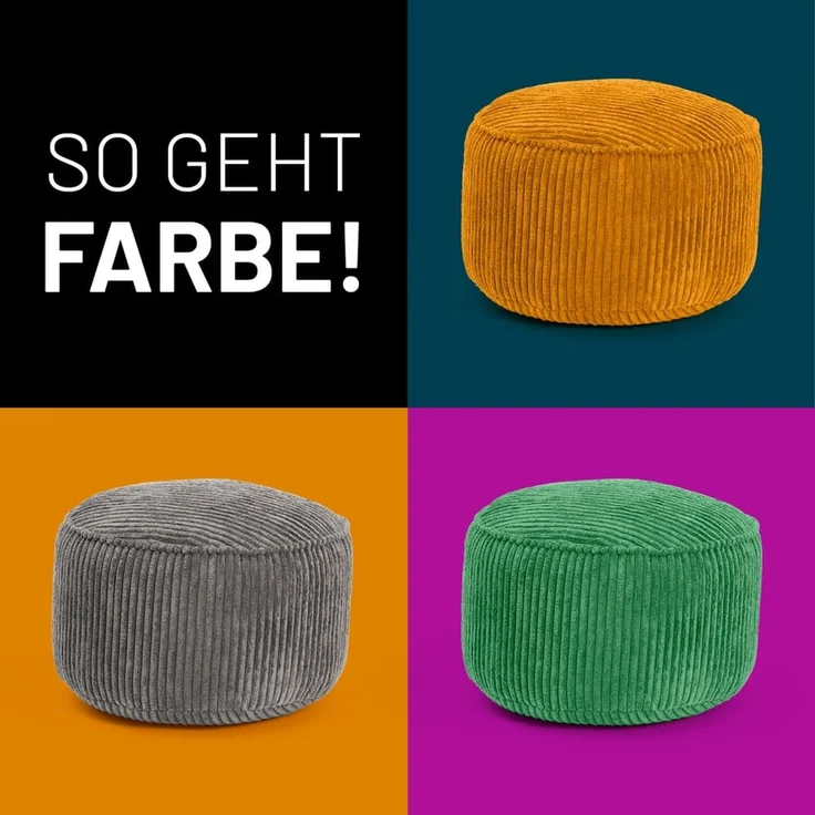 Lumaland Sitzsack Pouf aus Cord | Kompakter 50L Gaming Pouf mit 3-in-1-Funktion: bequemer Hocker, praktisches Tischchen & stylischer Indoor Fußschemel | Ø 25x45 cm [Senfgelb] – Bild 8