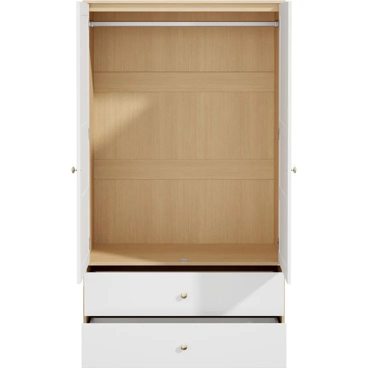 ZUBALIYA Doppeltüriger Kleiderschrank, 2-türiger Kleiderschrank, mit 2 Schubladen und Kleiderstange, Schlafzimmermöbel, Garderobenschrank, Kleiderschrank mit Kleiderstange, 100 x 48 x 180 cm,Weiß und Holzoptik – Bild 10