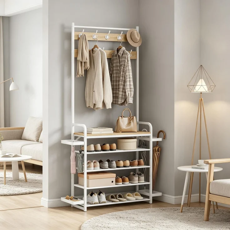 Garderobenständer 80/104x30x190 cm, mit 9 Doppelhaken, Schuhregal und Seitenschalen – Bild 3