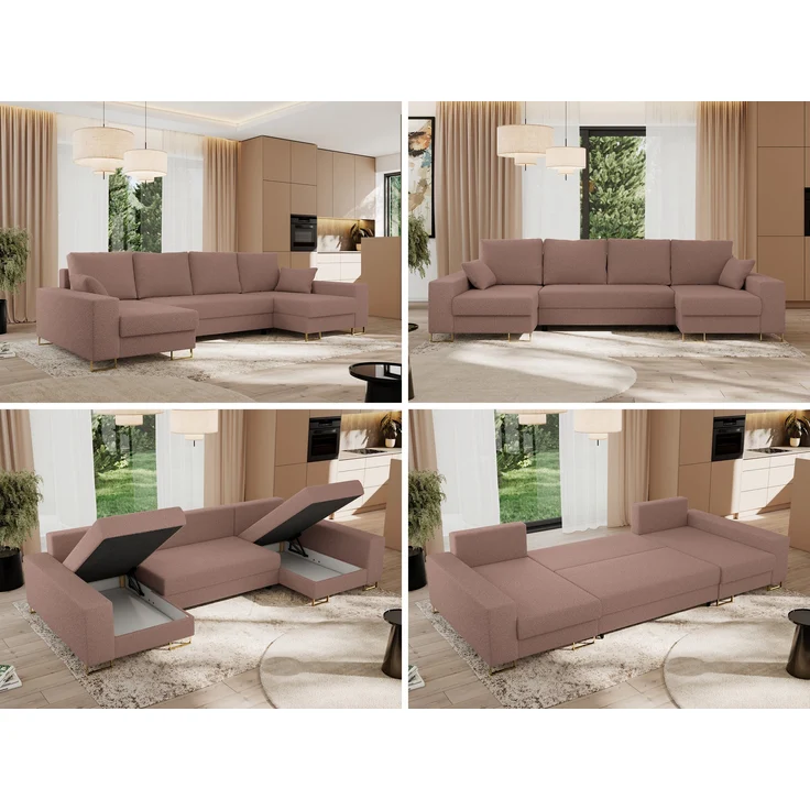 U-förmiges Ecksofa auf goldenen Metallbeinen, mit Schlaffunktion und drei Bettkästen für das Wohnzimmer - DORIAN U - Rosa Boucle – Bild 2