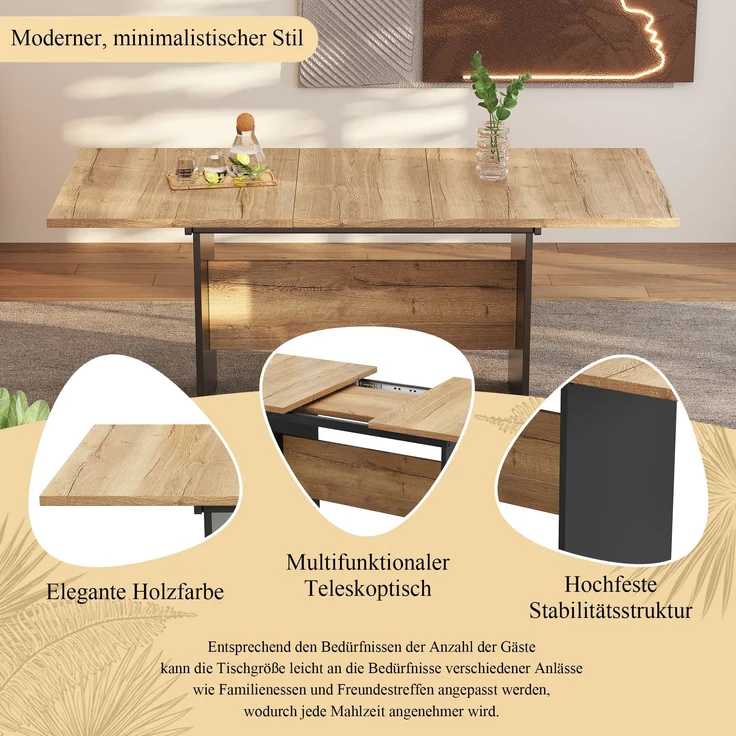 Esstisch erweiterbar 140-180cm, für 4-6 Personen, Holzmaserung, B80xH75 cm – Bild 8