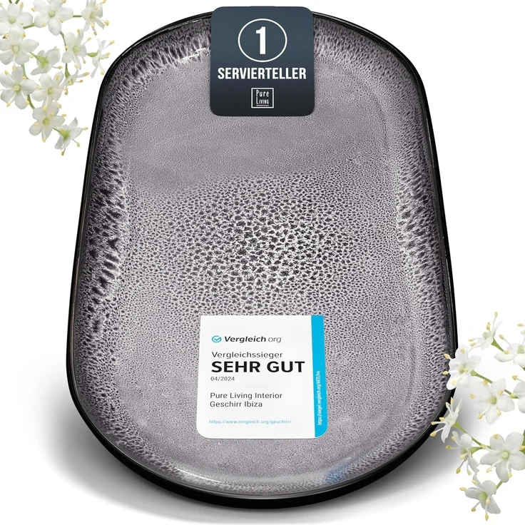 Steingut Servier Teller Groß Ibiza TESTSIEGER, Traumhafte Mediterrane Steingut Servierplatte, Serving Plate Oval, Servierteller Groß - Pure Living in Grau – Bild 1