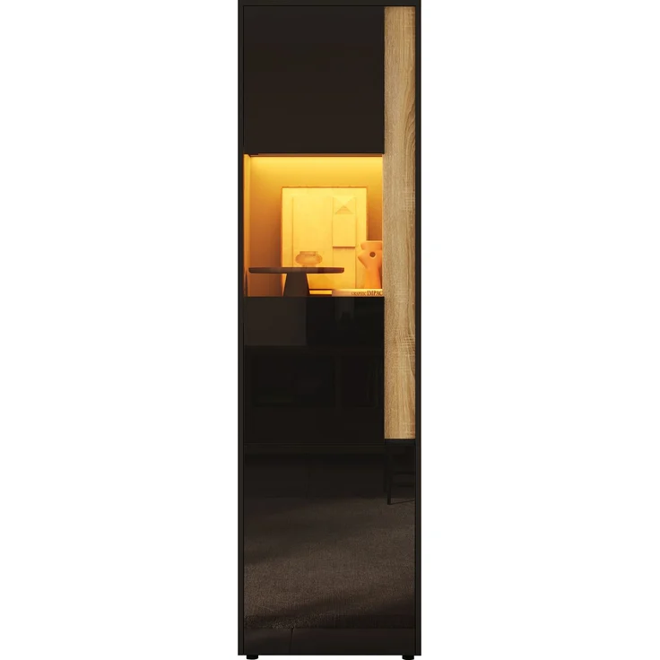 Vitrine, Aufbewahrungsmöbel, hoher Schrank mit LED-Beleuchtung, 2 Türen (eine davon aus Acryl). Geeignet für Wohnzimmer, Büros und Küchen. Schwarz+Natural. Maße: B50 x T40 x H179 cm. – Bild 9