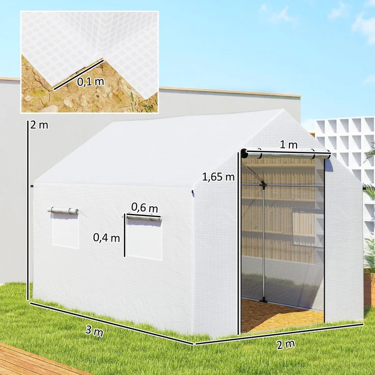 Wohnora-2 x 3 m Tunnelgewächshaus, 6 m² mit Rolltor, 4 Fenster – Verzinkter Stahl, hochdichtes PE, weiß,H 2000cm x T 1510cm x B 3000cm – Bild 4
