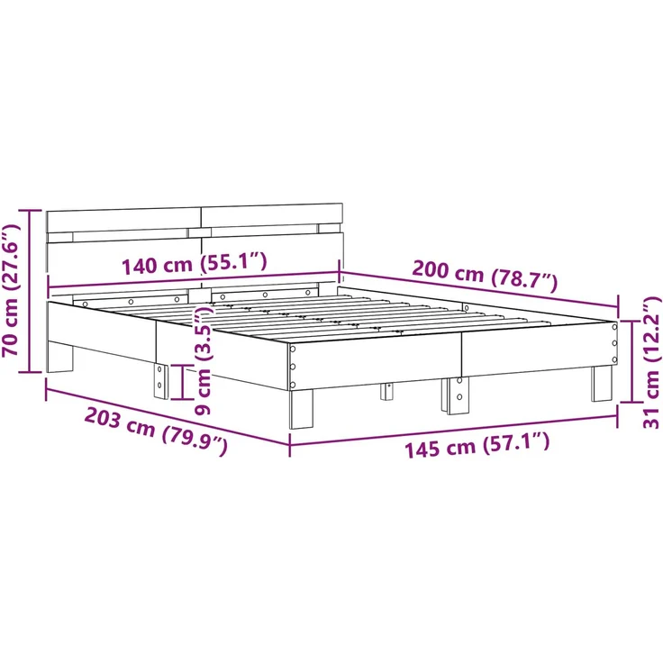 vidaXL Bettrahmen Schwarz Eichen-Optik 140 x 200 cm Holzwerkstoff 3417312 – Bild 9