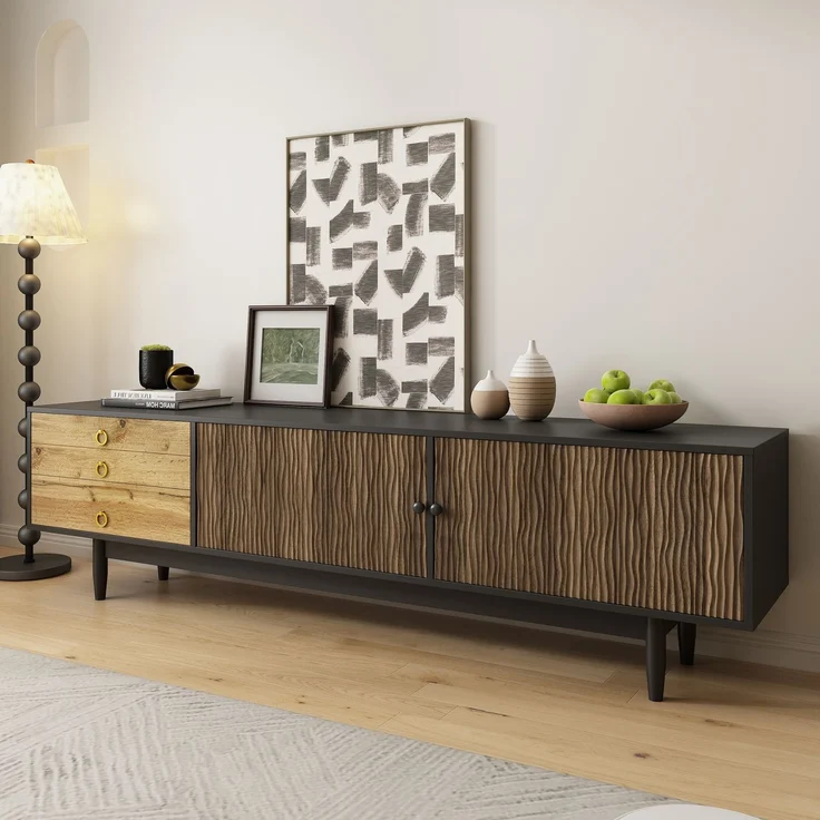 TV-Schrank 180 x 50 x 38 cm Schwarz Holz,Lowboard mit 2 Türen, 3 Schubladen, Wellenmuster, Massivholzbeinen – Bild 6