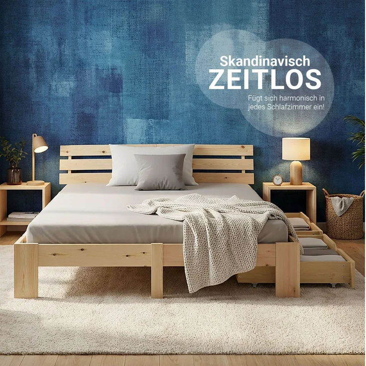 Holzbett 140x200 cm mit Federkernmatratze & 2 Bettkästen Doppelbett Bett Holzbettrahmen Natur Massiv Holz Lattenrost – Bild 9