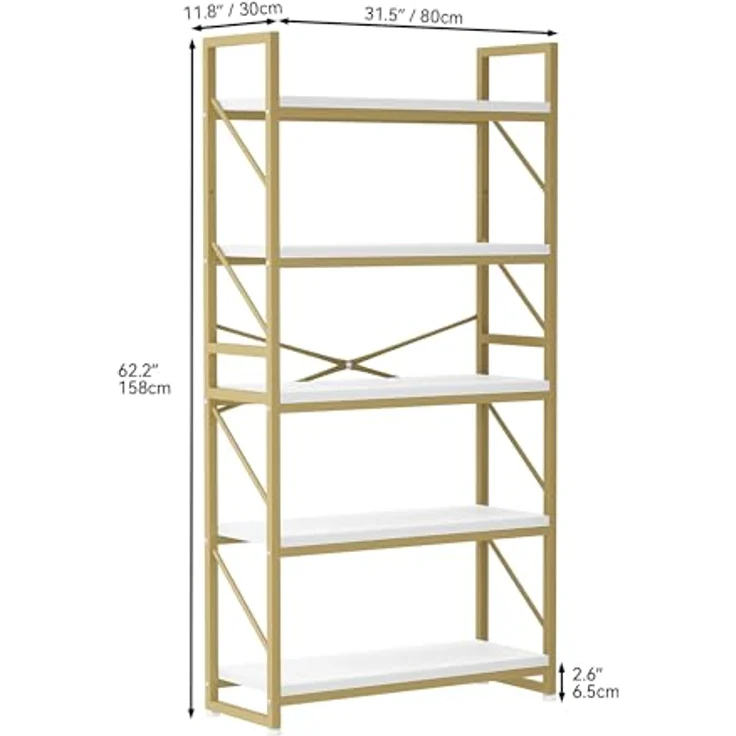 YITAHOME Bücherregal mit 5 Ebenen, Großes Standregal, Holzregal und Metallrahmen, Industrieregal, Bodenstehendes Lagerregal, für Wohnzimmer, Home Office, Gold Regal – Bild 3