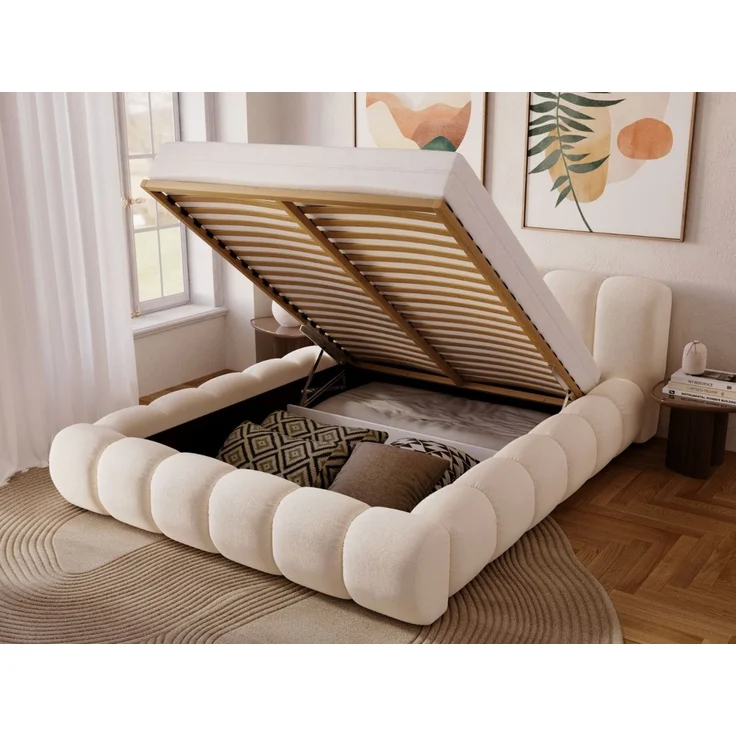 GRAINGOLD Doria Doppelbett 180x200, mit Kopfteil, Lattenrost, Bettkasten, Velour-Stoff, Creme – Bild 4