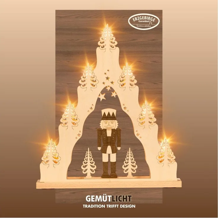 Weigla LED Schwibbogen Nussknacker, Lichterspitze aus Holz, NATUR-BRAUN, Made in Germany, Erzgebirge garantiert, Weihnachtsdeko Innen, Weihnachtsbeleuchtung