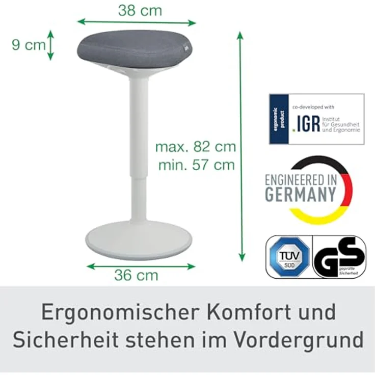 Leitz Ergo Set Active Stehhocker mit Dual Density Foam Komfortsitz + Multi-Winkel-Laptopständer, Hocker höhenverstellbar von 57 bis 82 cm, Für bis zu 110 kg, 65450085 + 64240001 – Bild 3