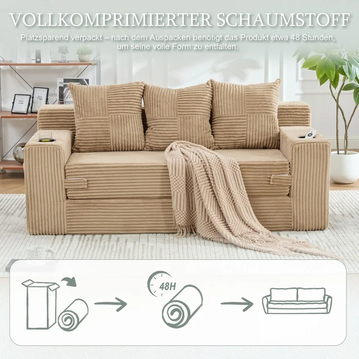 EINHOM Dreier-Sofa aus Baumwoll- und Leinenstoff, mit Getränkehalter und seitlichen Taschen, kann in drei Sitzplätze umgewandelt werden, rahmenloser Design mit gestrickten Kissen und Rückenlehne, großes Sitz – Bild 6