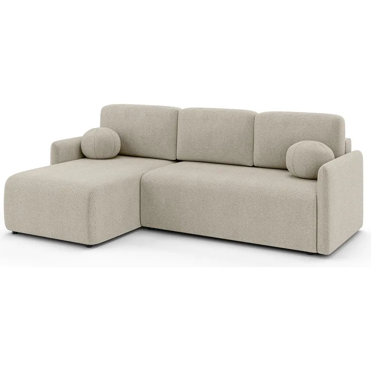 MEBLINI Schlafcouch mit Bettkasten – VESPER – 215x147x94cm – Links - Beige Boucle - Kleines Ecksofa mit Schlaffunktion - Sofa mit Relaxfunktion und Kissen - Kleine Couch L-Form – Eckcouch