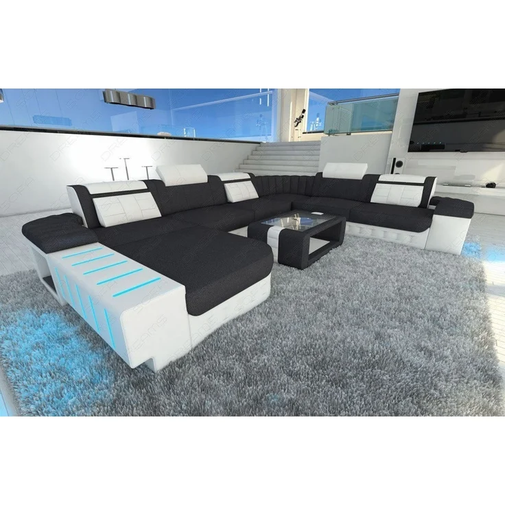 Mega Stoff-Wohnlandschaft Bellagio XXL mit LED - Mikrofaserstoff - Dunkelgrau-Weiß - Links – Bild 3
