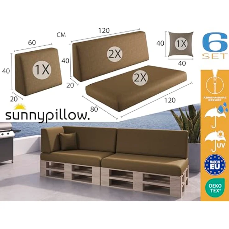 sunnypillow Palettenkissen mit abnehmbarem Bezug UV - beständig Outdoor wasserdicht Kaltschaum Palettenauflage Palettenpolster Palettensofa Sitzkissen Rückenlehne 6er Set 120x80 Braun – Bild 3