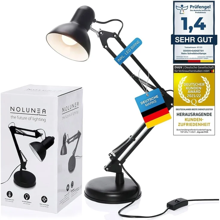 Goods+Gadgets LED Schreibtischlampe LED Schreibtischlampe mit Arm–Verstellbare Tischlampe für Büro & Home, mit Gelenk-Arm aus Metall inkl. LED Glühbirne, Arbeitslampe – Bild 1