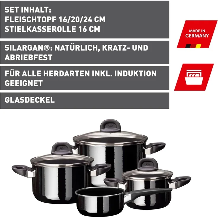 Silit Modesto Line Topfset Induktion 4-teilig, Kochtopf Set mit Glasdeckel, Silargan Funktionskeramik, Induktions Töpfe Set nickelfrei, schwarz – Bild 2