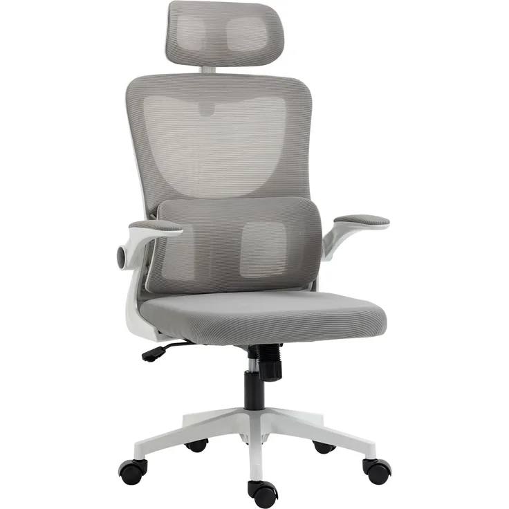 Bürostuhl ergonomisch höhenverstellbar Schreibtischstuhl mit Armlehnen, Kopfkissen, Wippfunktion und Lendenstütze, Mesh Grau für optimalen Komfort--Grau--60x59x122cm--YOUDENOVA