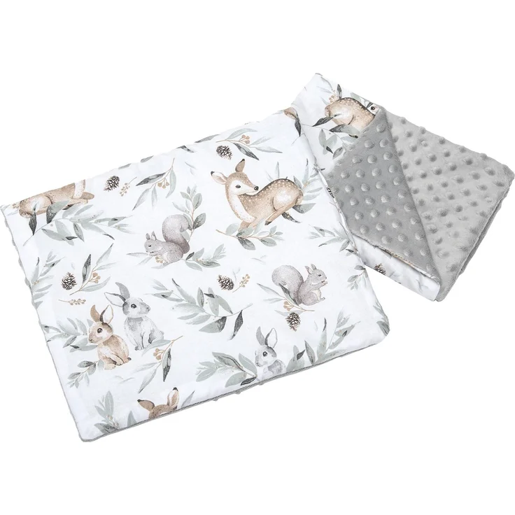Medi Partners Babydecke Krabbeldecke mit Kissen 100% Baumwolle Minky Kinderdecke 55x75 + 35x30 cm multifunktional für Kinderwagen Babyschale Wiege (Hirsch in Blättern mit grauem Minky)