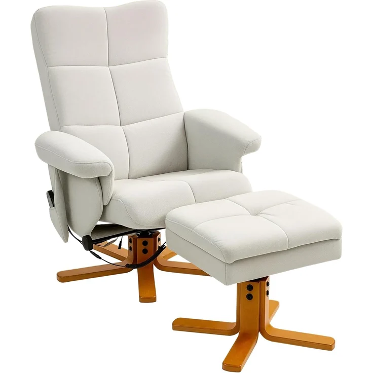 HOMCOM Massagesessel mit Hocker, Seitentasche, Stauraum, Liegefunktion 360° drehbar (Relaxsessel, 1-St, Fernsehsessel), Kunstleder 80 x 86 x 99cm Cremeweiß
