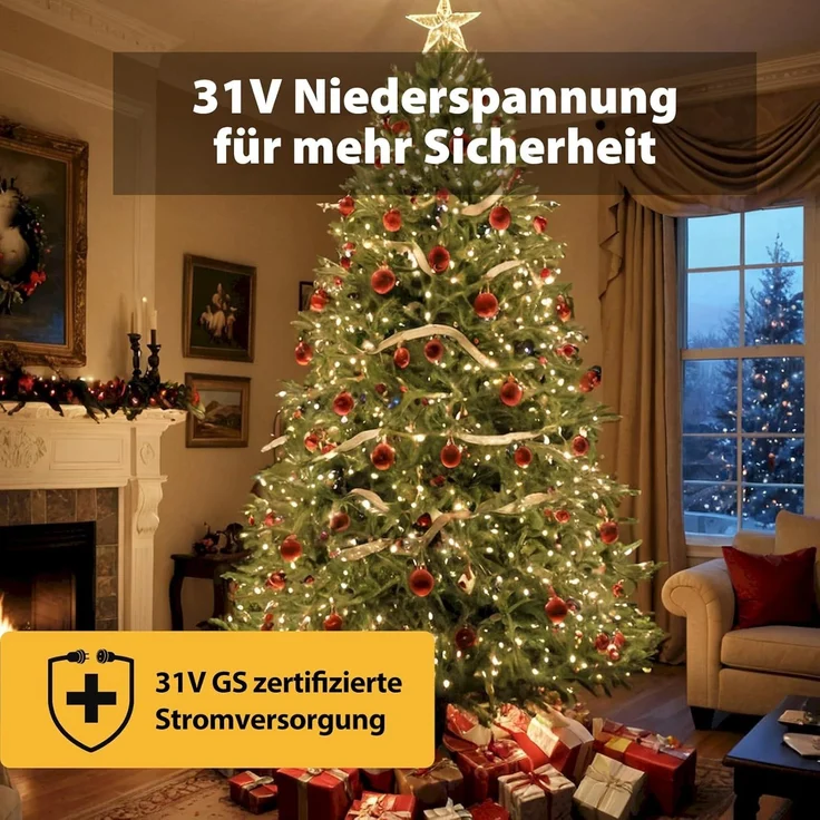 Salcar Lichterkette LED Kupfer Lichterkette Weihnachtsbeleuchtung für Innen & Außen Deko, 20m 200 LED Silberfarbener-Kupferdraht, Netzteil, Warmweiß – Bild 4